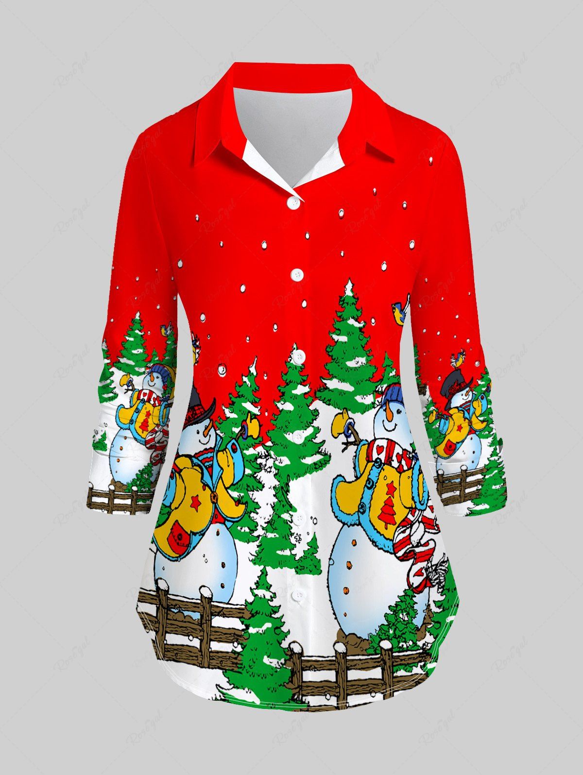 Chemise à Imprimé Sapin de Noël et Bonhomme de Neige de Grande Taille à Manches Longues Rouge 6XL