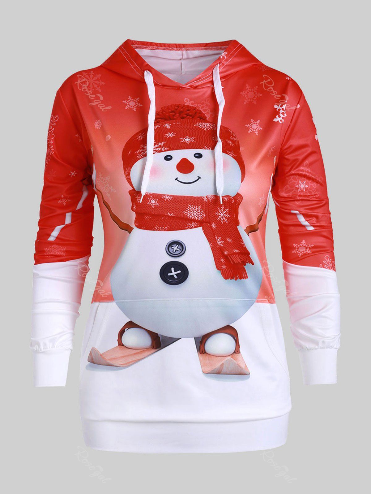 Trendy Plus Size Snowman Print Front Pocket Christmas Hoodie  