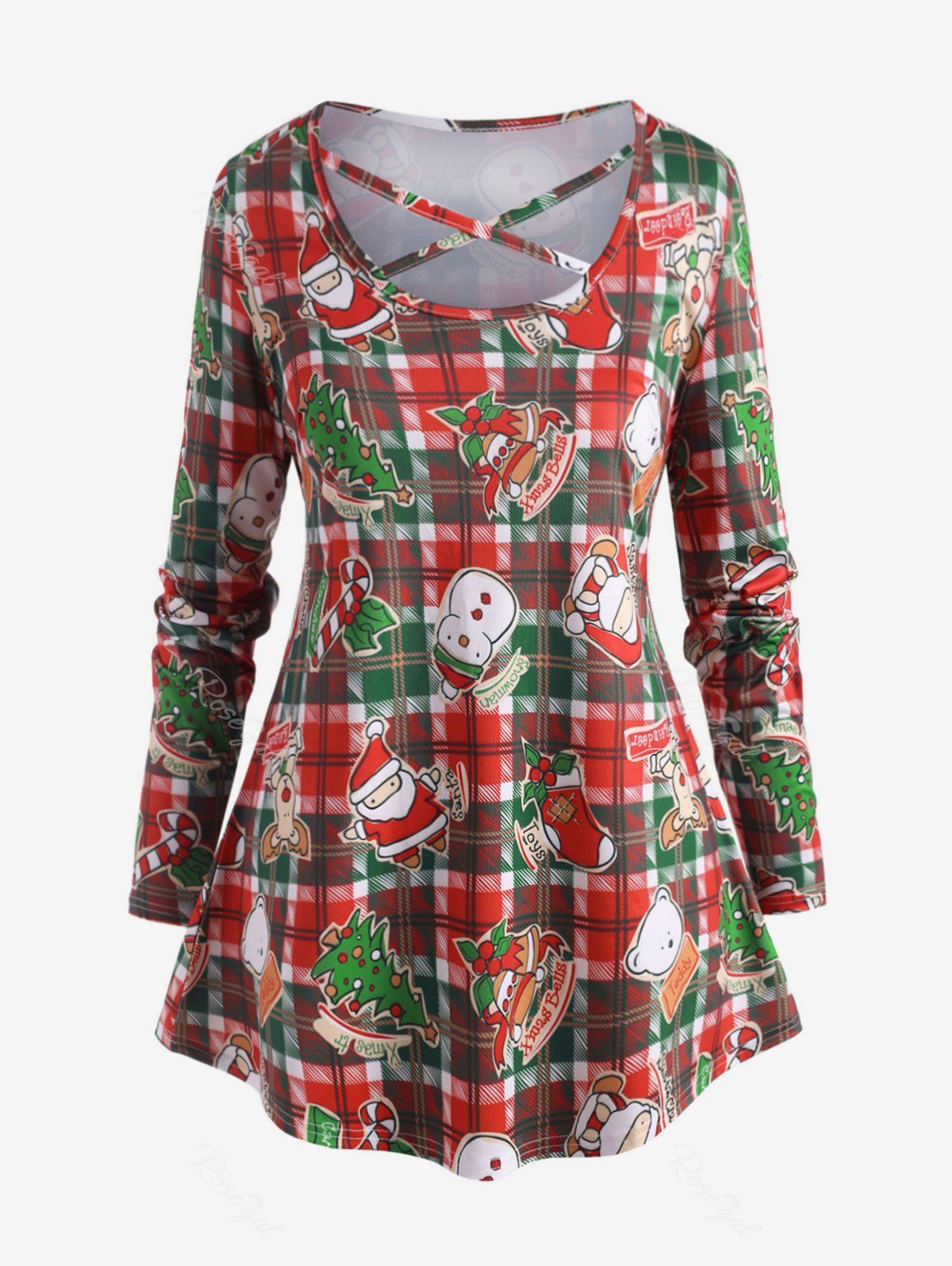 Outfit Plus Size Christmas Printed Crisscross Plaid T Shirt  