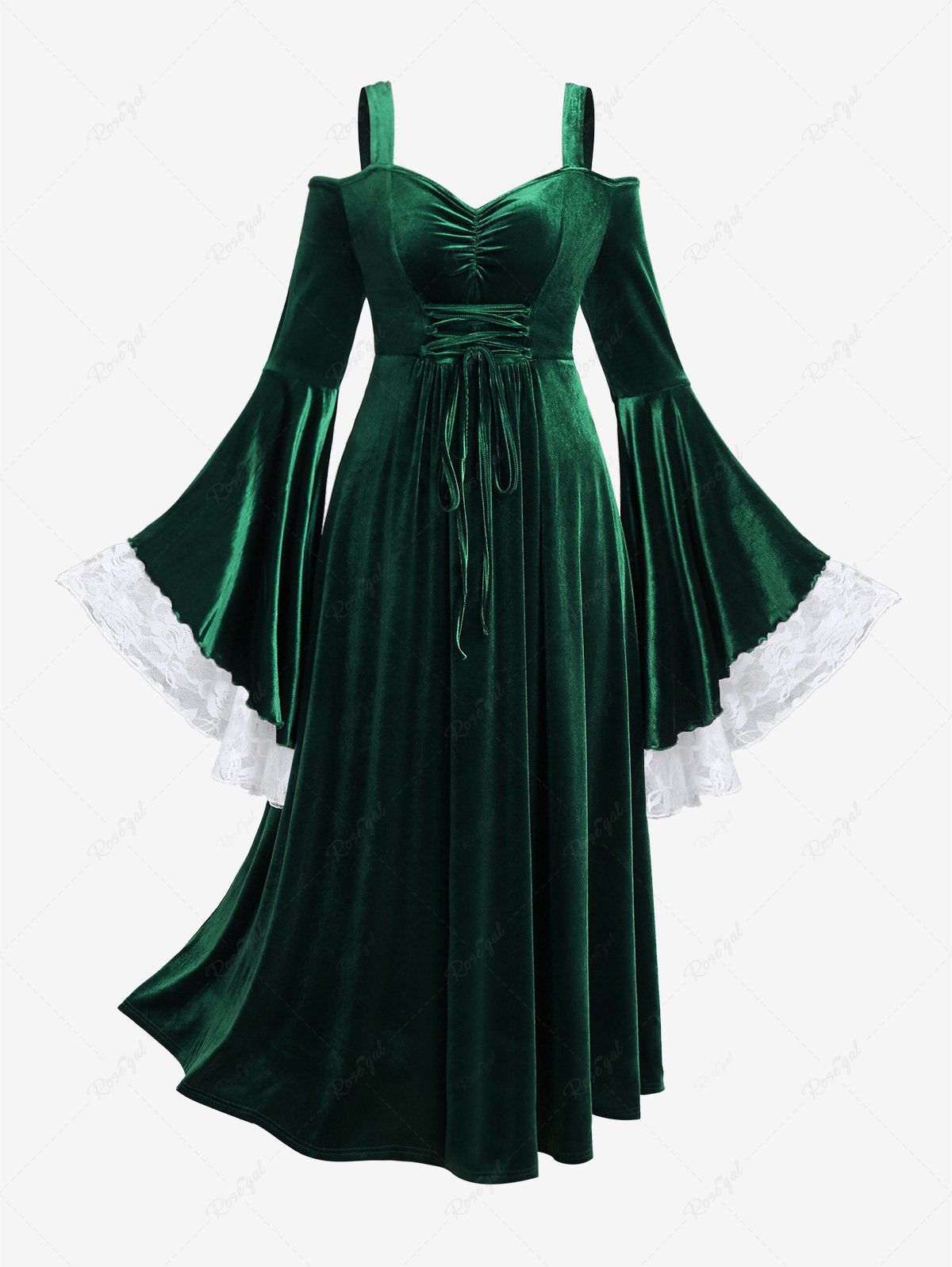 Fancy Plus Size Christmas Lace-up Mesh Panel Velour Bell Sleeve Cold Shoulder Maxi Dress  