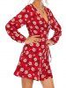 Mini Robe Portefeuille à Imprimé Florale à Manches Longues - Rouge XL