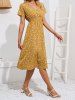 Robe de Vacances Mi-Longue Superposée à Imprimé Fleur à Taille Haute à Col V - Deep Yellow L