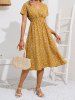 Robe de Vacances Mi-Longue Superposée à Imprimé Fleur à Taille Haute à Col V - Deep Yellow L