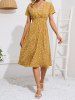 Robe de Vacances Mi-Longue Superposée à Imprimé Fleur à Taille Haute à Col V - Deep Yellow XXL