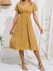 Robe de Vacances Mi-Longue Superposée à Imprimé Fleur à Taille Haute à Col V - Deep Yellow XXL