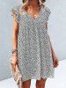 Allover Ditsy Flower Print Layered Sleeve V Neck High Waisted A Line Mini Dress -  