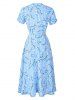 Robe Portefeuille Mi-Longue Ligne A Fleur Imprimée Manches Courtes à Col V - Bleu clair M