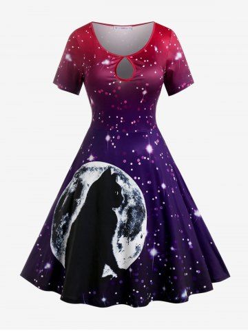 Plus Size Keyhole Starry Cat Print Flare 50s Dress - MULTI - L
