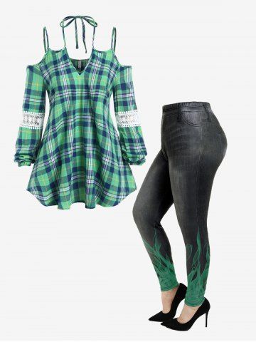 Cold Shoulder Plaid Blouse and 3D Print Skinny Jeggings Plus Size Outfit
