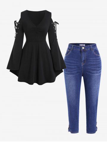 Plus Size V Neck Lace-up Cutout Bell Sleeve Top and Crisscross Ninth Jeans Outfit - BLACK
