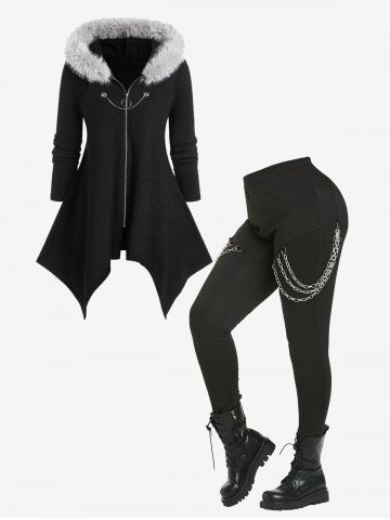 Faux Fur Hooded Handkerchief Coat and Chain Embellished High Waisted Pants Plus Size Outerwear Outfit
