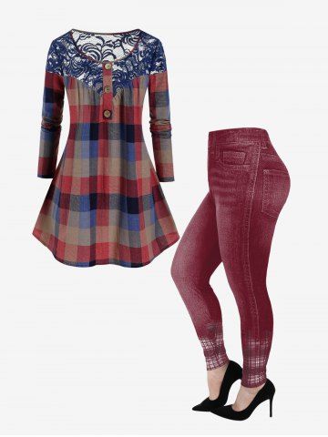 Lace Insert Plaid Blouse and 3D Denim Print Skinny Jeggings Plus Size Outfit - DEEP RED