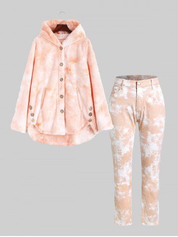 Plus Size Tie Dye Hooded Faux Fur Single Breasted Coat and Pencil Jeans Outfit - LIGHT ORANGE