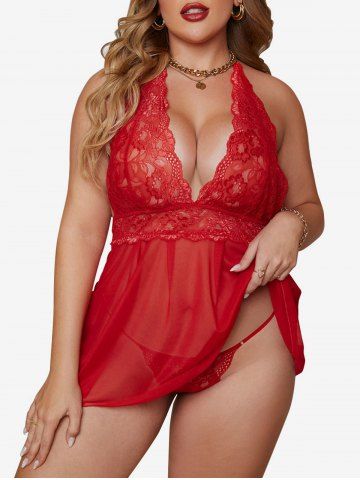 Plus Size Sexy Plunge Halter Backless Lingerie Babydoll Set - RED - 4X