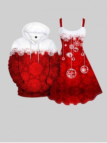 Couples Christmas Snowflake Balls Printed A Line Dress and Men Pullover Hoodie Matching Outfit - RED
