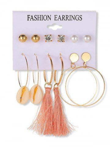6Pcs Shell Tassel Hoop Earrings - GOLDEN