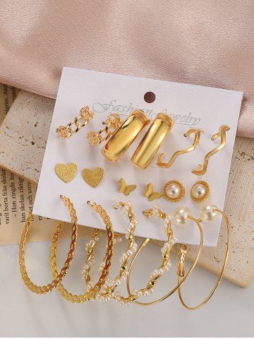 Pendientes de Aro de Perlas de Imitación de Mariposa de Corazón Geométrico - GOLDEN