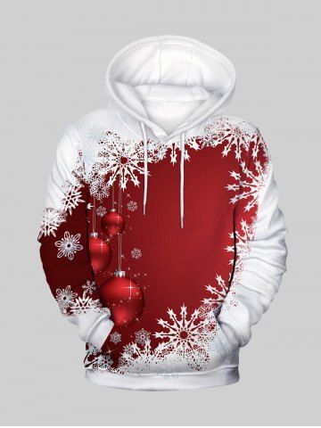 Plus Size Christmas Snowflake Ball Print Front Pocket Flocking Lined Hoodie - RED - XL