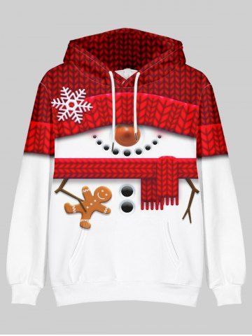 Plus Size Christmas 3D Elk Gingerbread Printed Front Pocket Pullover Hoodie - RED - XL