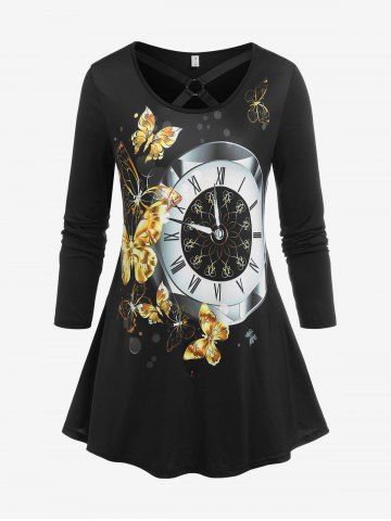 Plus Size O Ring Butterfly Clock Print T-shirt - BLACK - L