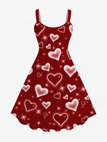 Plus Size Valentine Day Glitter Heart Print Sleeveless A Line Dress - DEEP RED - 2X | US 18-20