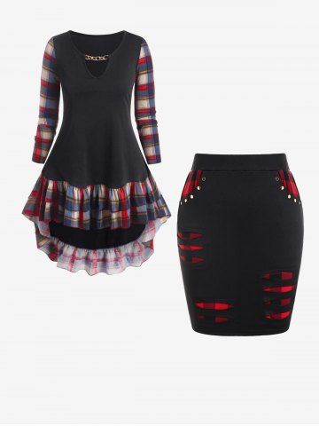 Keyhole Flounce Plaid High Low T Shirt and Ripped Checked Panel Rivets Decor Skirt Plus Size Outfits