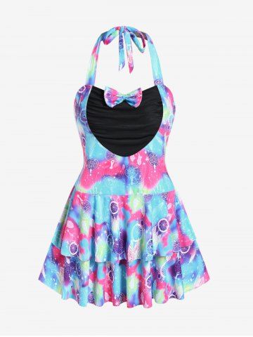 Plus Size Halter Tie Dye Dreamcatcher Print Bowknot Layered Tankini Swimsuit - MULTI-A - 1X