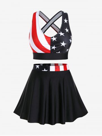 Plus Size Patriotic American Flag Print Crisscross Back Skirtini Bikini - BLACK - L