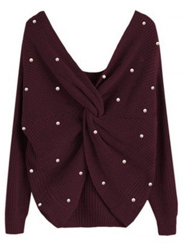 Artificial Pearl Twisted Back Drop Shoulder Sweater - DEEP RED - M