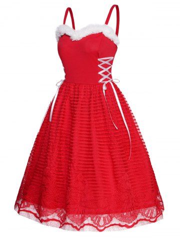 Christmas Faux Fur Panel Lace Up Two Tone Color Lace High Waisted A Line Mini Dress - RED - L