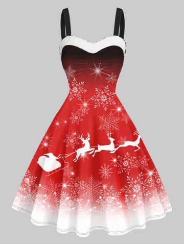 Faux Fur Panel Christmas Elk Snowflake Print Cami Dress - RED - M