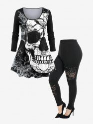 Gothic Skull Tree Branch Print Long Sleeve Tee and Lace Panel Studded Pants Outfit -  