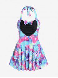 Plus Size Halter Tie Dye Dreamcatcher Print Bowknot Layered Tankini Swimsuit -  