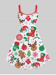 Robe de Noël Ligne A Vintage à Imprimé Bonnet de Noël Flocon de Neige Décoration de Grande Taille - Rouge 4X | US 26-28