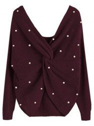 Artificial Pearl Twisted Back Drop Shoulder Sweater -  
