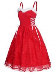 Mini Robe de Noël Ligne A Bicolore Panneau en Fausse Fourrure à Taille Haute à Lacets - Rouge M