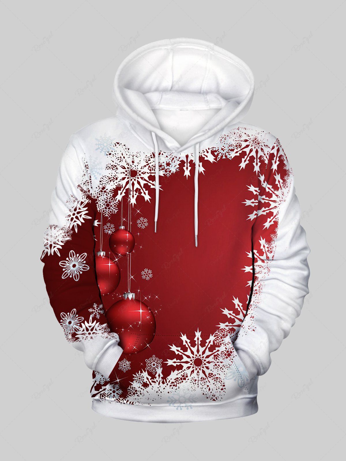 Fancy Plus Size Christmas Snowflake Ball Print Front Pocket Flocking Lined Hoodie  