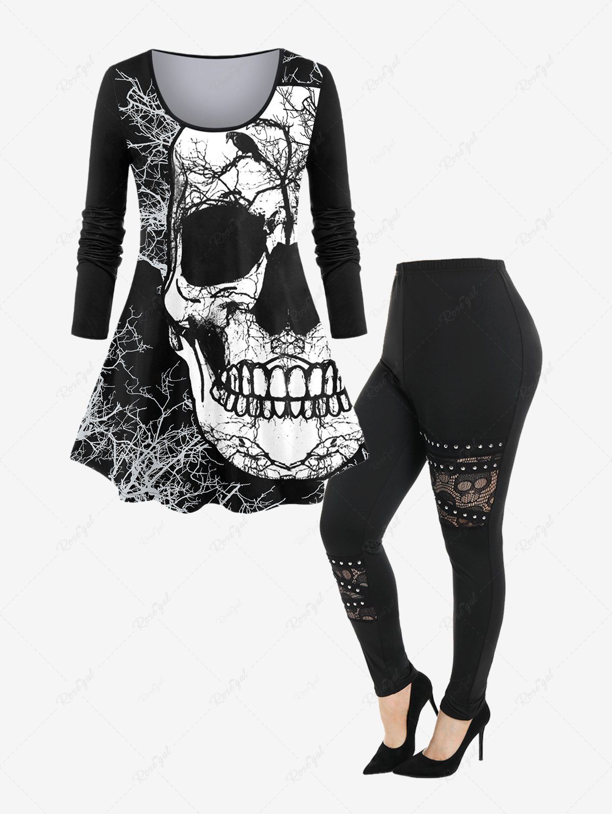 Buy Gothic Skull Tree Branch Print Long Sleeve Tee and Lace Panel Studded Pants Outfit  