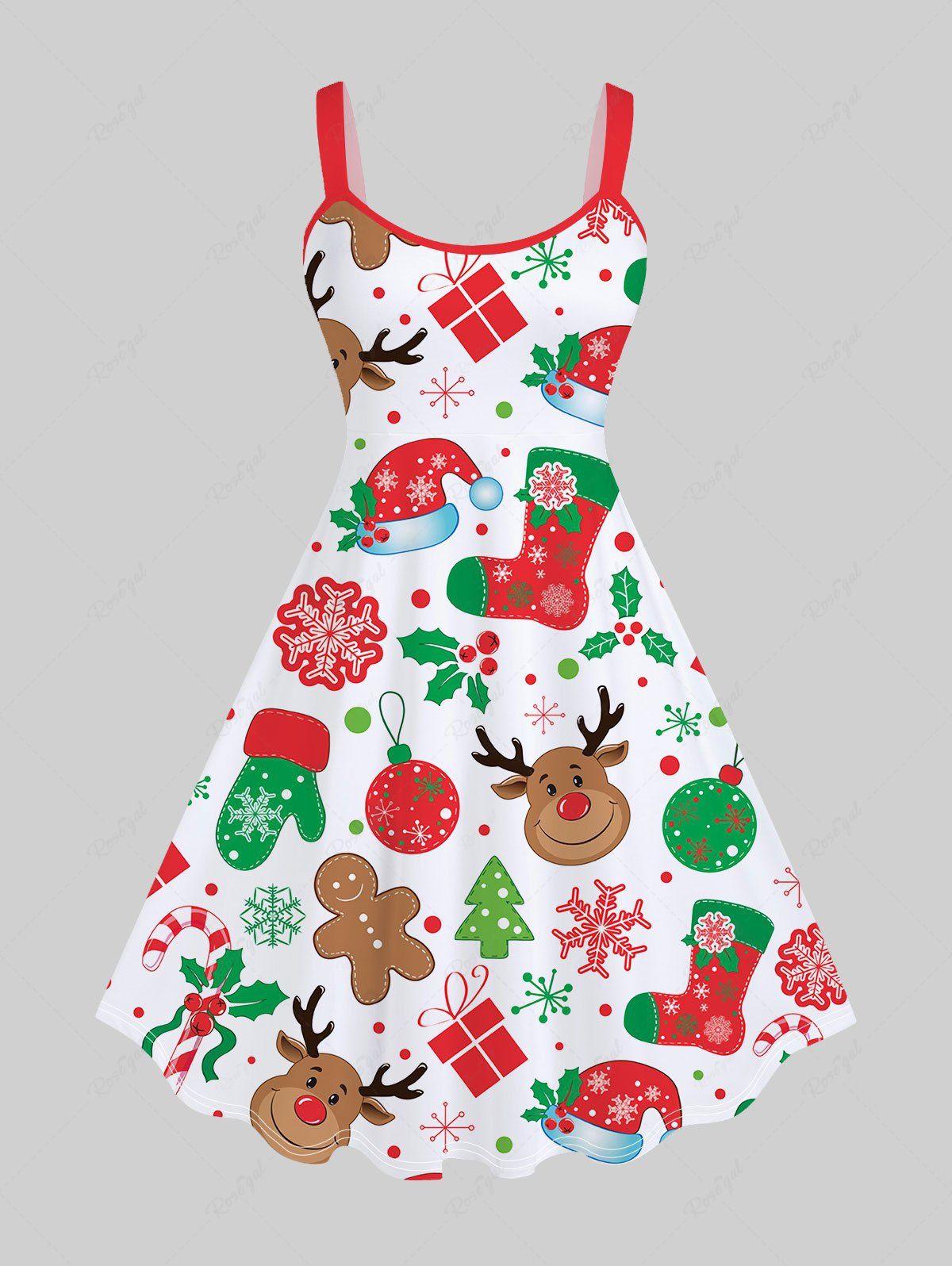 Robe de Noël Ligne A Vintage à Imprimé Bonnet de Noël Flocon de Neige Décoration de Grande Taille Rouge 5x | US 30-32