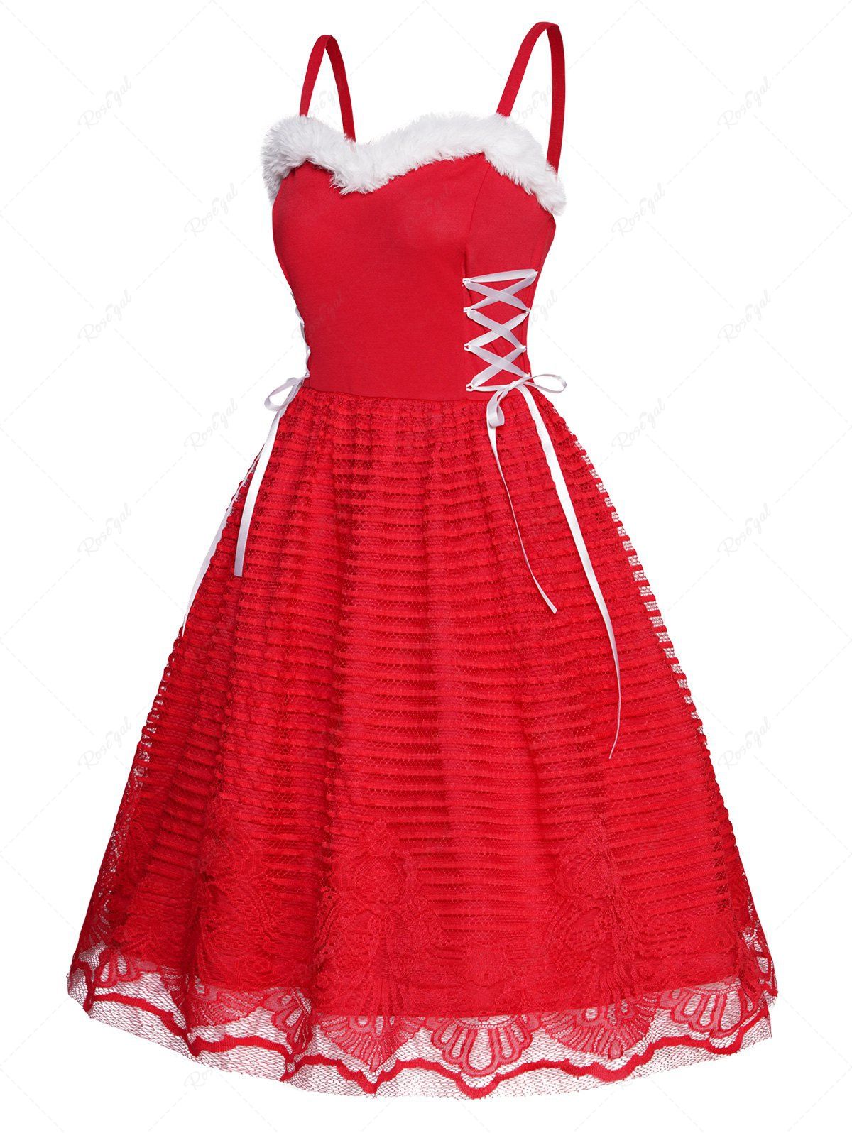 Mini Robe de Noël Ligne A Bicolore Panneau en Fausse Fourrure à Taille Haute à Lacets Rouge M