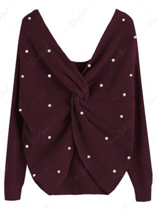 Shop Artificial Pearl Twisted Back Drop Shoulder Sweater  