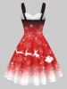 Robe de Noël à Bretelle à Imprimé Cerf et Flocon de Neige en Fausse Fourrure - Rouge M