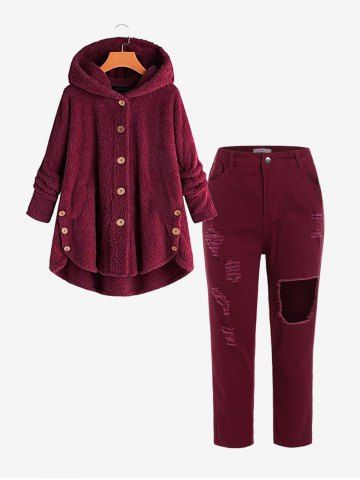 Plus Size Hooded High Low Fluffy Faux Fur Coat and Cutout Jeans Outfit - DEEP RED