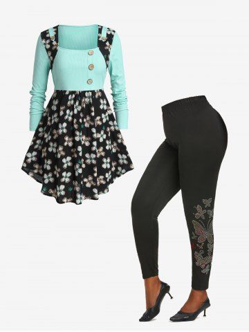 Two Tone Buttons Floral Peplum T Shirt and Rhinestone Butterfly Embellished Leggings Plus Size Outfits - BLACK