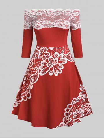 Robe d'Années 1950 Fleurie Imprimée Panneau en Dentelle à Epaule Dénudée de Grande Taille - RED - 5X