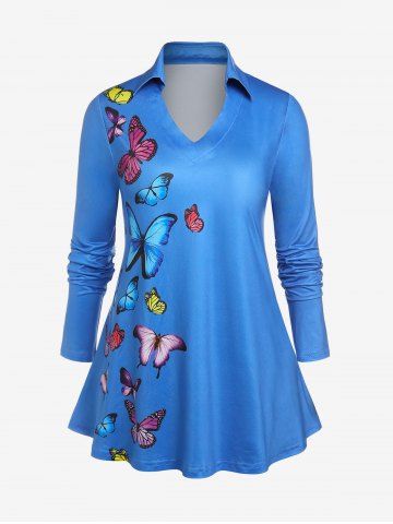 T-shirt Grande Taille à Imprimé Papillon à Col en V - BLUE - 5X