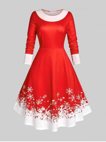 Plus Size Christmas Snowflake A Line Velvet Panel Dress - RED - L