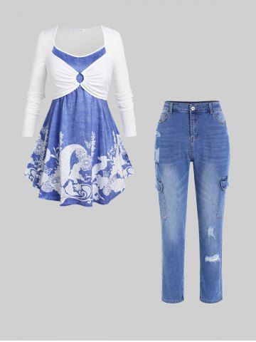 Floral Print O Ring 2 in 1 T-shirt and Ripped Pockets Jeans Plus Size Outfits - BLUE