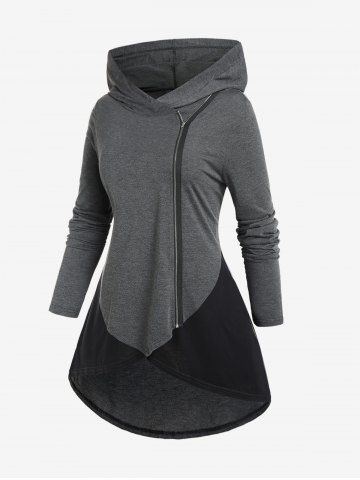 Plus Size Zipper Colorblock Long Sleeves Hooded Tunic Tee - DARK GRAY - M | US 10