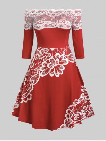 Vestido de Encaje de Talla Extra con Estampados de Flores de Hombros Al Aire - RED - 1X